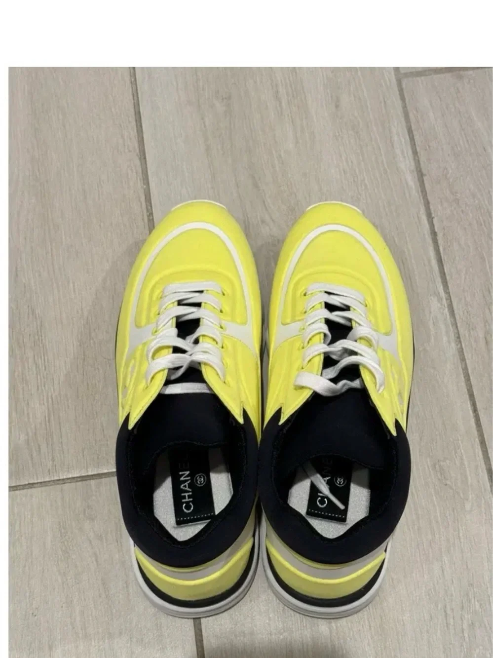 CHANEL Women’s Neon Yellow and White Logo Sneakers